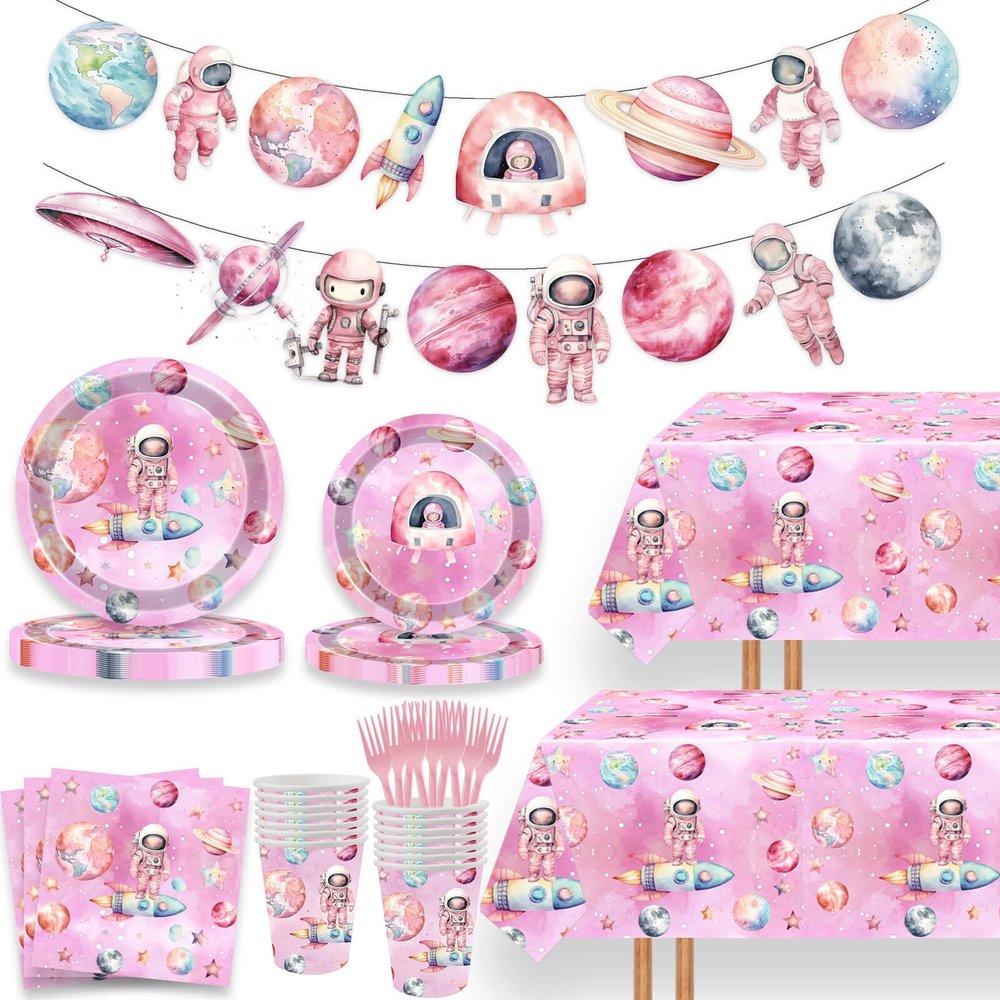 118 Pcs Outer Space Girls Birthday Decorations Pink Astronauts Tablecloth Paper Dinner Plates Napkins Forks Cups Banner for Space Theme Girls Baby Shower 1st 2nd 3rd 4th Birthday Party Supplies