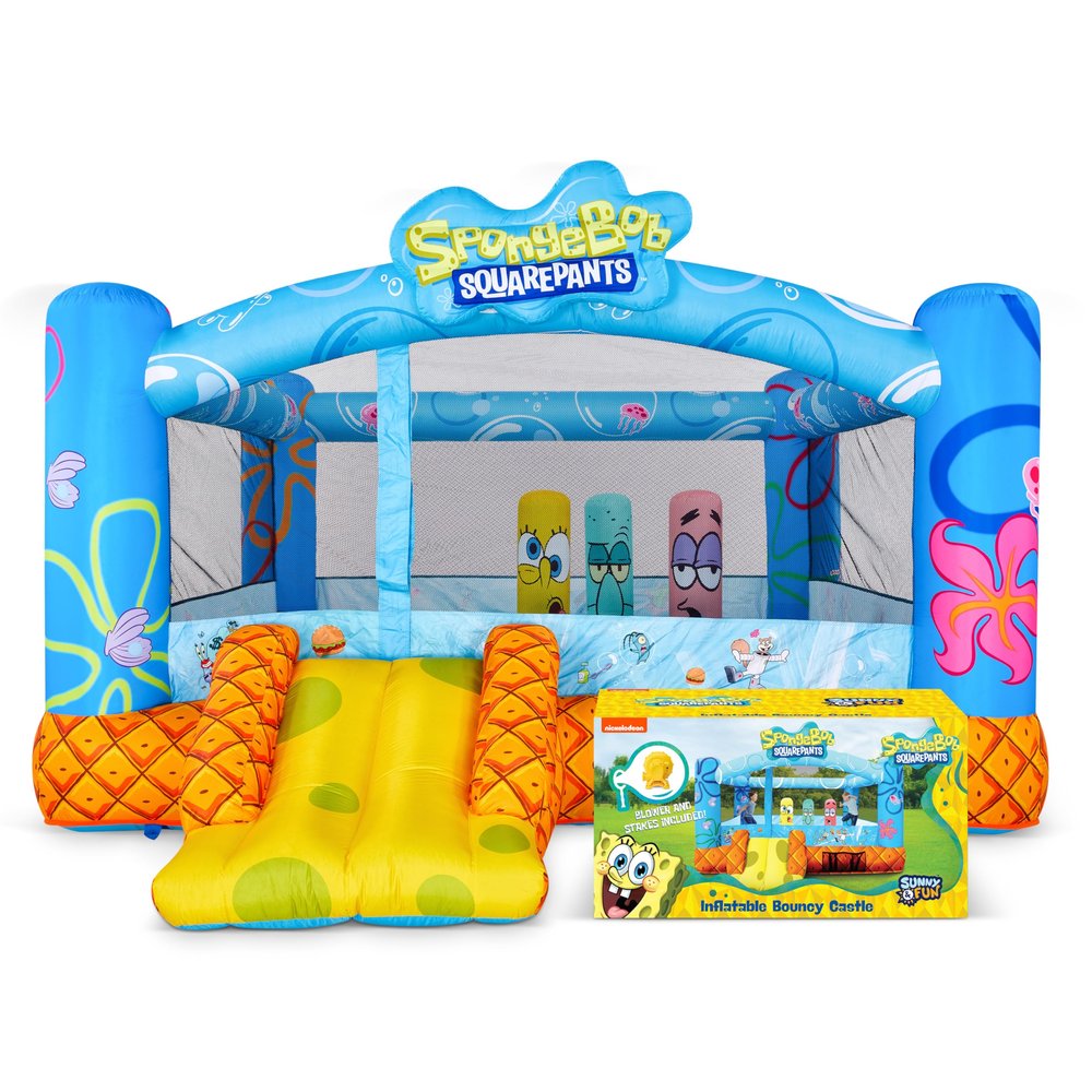 SUNNY & FUN Spongebob Inflatable Bounce House - Giant 12x10.5 Feet Blow-Up Jump Bouncy Castle for Kids with Air Blower, Stakes & Repair Kit - Easy Set Up for Hours of Backyard Play - Ages 3-10