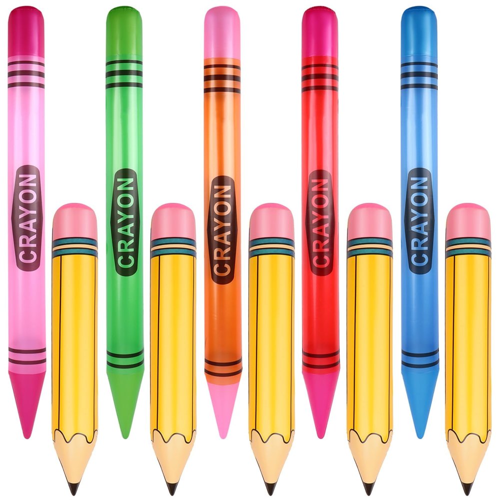 10 Pcs 42 Inch Jumbo Inflatable Crayons 27 Inch Pencil Back to School Decor Blow up Pencils Giant Crayons Prop Classroom Decorations Inflatable Pool Pencil Float for School Birthday Party Photo Prop