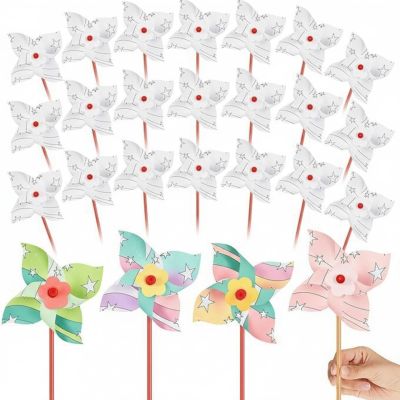 Simgoing 50 Pcs DIY Pinwheels for Kids White Blank Paper Pinwheels Patriotic Craft Bulk Spring Summer Craft Graffiti Art Kit Fun Activity Daycare Project Party Favor (Four Leaf)