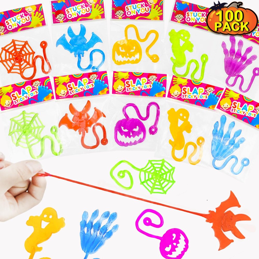 100 PCS Halloween Handouts Giveaways for Kids Bulk, Sticky Hands Party Favors Goodie Bag Stuffers for Toddlers,Boo Basket Bucket Pinata Fillers,School Classroom Prizes Toys Trinkets Stuff for Boy Girl