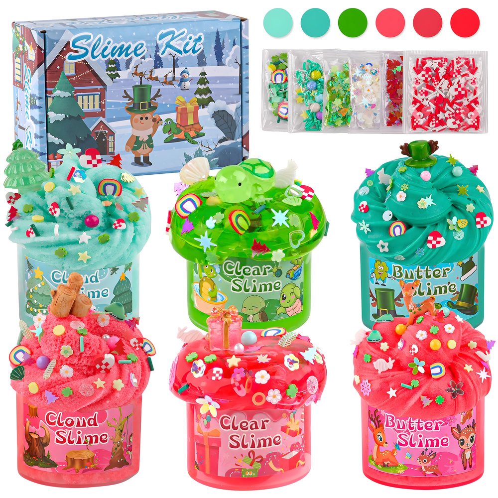 LAWOHO 6 Packs Red & Green Slime for Kids- Clear, Butter, Cloud Slime Making Kit with Glow in The Dark Add-ins & Charms, Slimes Kit for Boys & Girls Party Favors, Birthday Halloween Christmas Easter