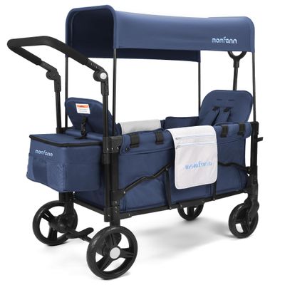 MOMFANN Stroller Wagon for 2 Kids, Baby Wagon Stroller with Adjustable Handle for Infants and Toddlers Includes Canopy & Organizer, Foldable and Convenient for Storage, Blue