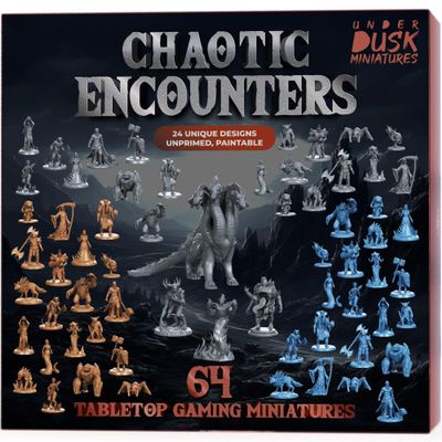Underdusk: Chaotic Encounters - 64 Unpainted Tabletop DND Bulk Miniatures for TTRPG, Pathfinder & Dungeons and Dragons | Monster Figures Starter Pack with Stat Blocks