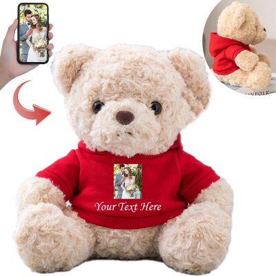 Personalized Gifts for Women/Men Teddy Bear with Custom Text, Personalized Teddy Bear with Hoodie for Family/Friends, Impressive Gifts for Christmas Valentines Day Birthday (8 inch-Text+Photo)