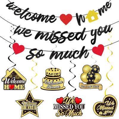 15Pcs Welcome Home Decorations, Black Glitter We Missed You So Much Banner Welcome Back Hanging Swirls Kit Welcome Home Sign, Homecoming Party Decorations