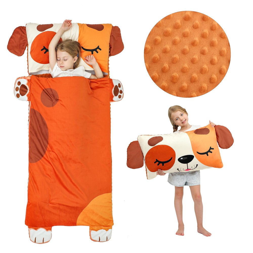 Leadtex Toddler Nap Mat for Daycare and Preschool,Kids Animal Plush Sleeping Bag Nap Mat,Dog Soft Cotton Slumber Bag and Minky Blanket for Camping.