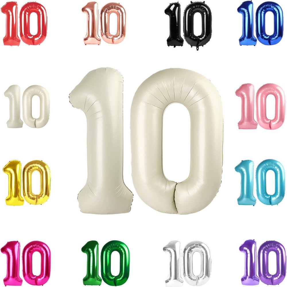 10 Balloon Number, Cream Number 10th Birthday Balloons 40 Inch, 10 Years Old Cream Birthday Decorations for Boys Girls, 10th Anniversary Decorations