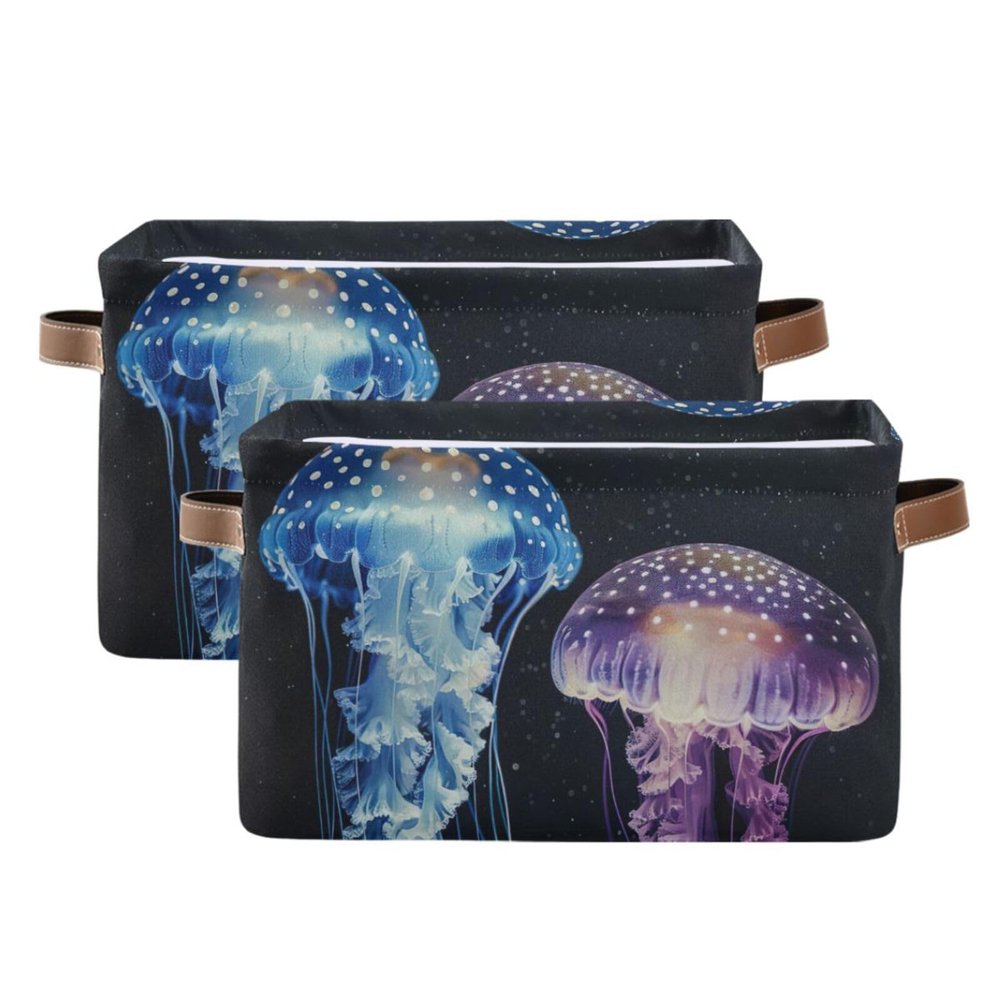 AMmao Rectangular Storage Basket Glowing Jellyfish Pattern Foldable Fabric Storage Bin with Handles Toys Book Clothes Bin for Closet Shelf Nursery Office Laundry Bedroom Decor 2 Pack