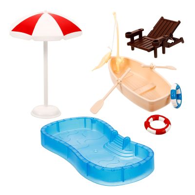 1set Doll House Swimming Pool: Miniature Beach Umbrellas Folding Loungers Swimming Pool Swimming Rings Fishing Boat with Oars