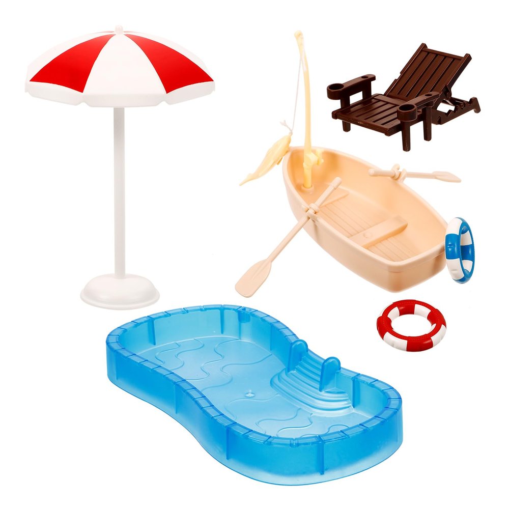 1set Doll House Swimming Pool: Miniature Beach Umbrellas Folding Loungers Swimming Pool Swimming Rings Fishing Boat with Oars