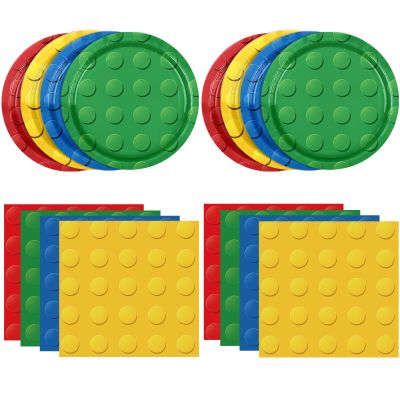 DURYGEN 80PCS Building Blocks Themed Birthday Party Decorations Colorful Building Block Tableware Paper Plates Napkins Set for Boys, Kids Birthday Party Decorations Serve 20