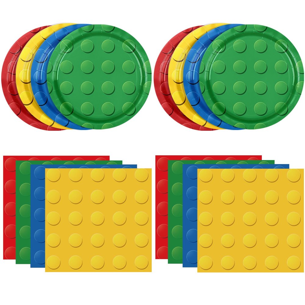 DURYGEN 80PCS Building Blocks Themed Birthday Party Decorations Colorful Building Block Tableware Paper Plates Napkins Set for Boys, Kids Birthday Party Decorations Serve 20