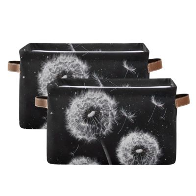 AMmao Rectangular Storage Basket White Dandelion Black Pattern Foldable Fabric Storage Bin with Handles Toys Book Clothes Bin for Closet Shelf Nursery Office Laundry Bedroom Decor 2 Pack