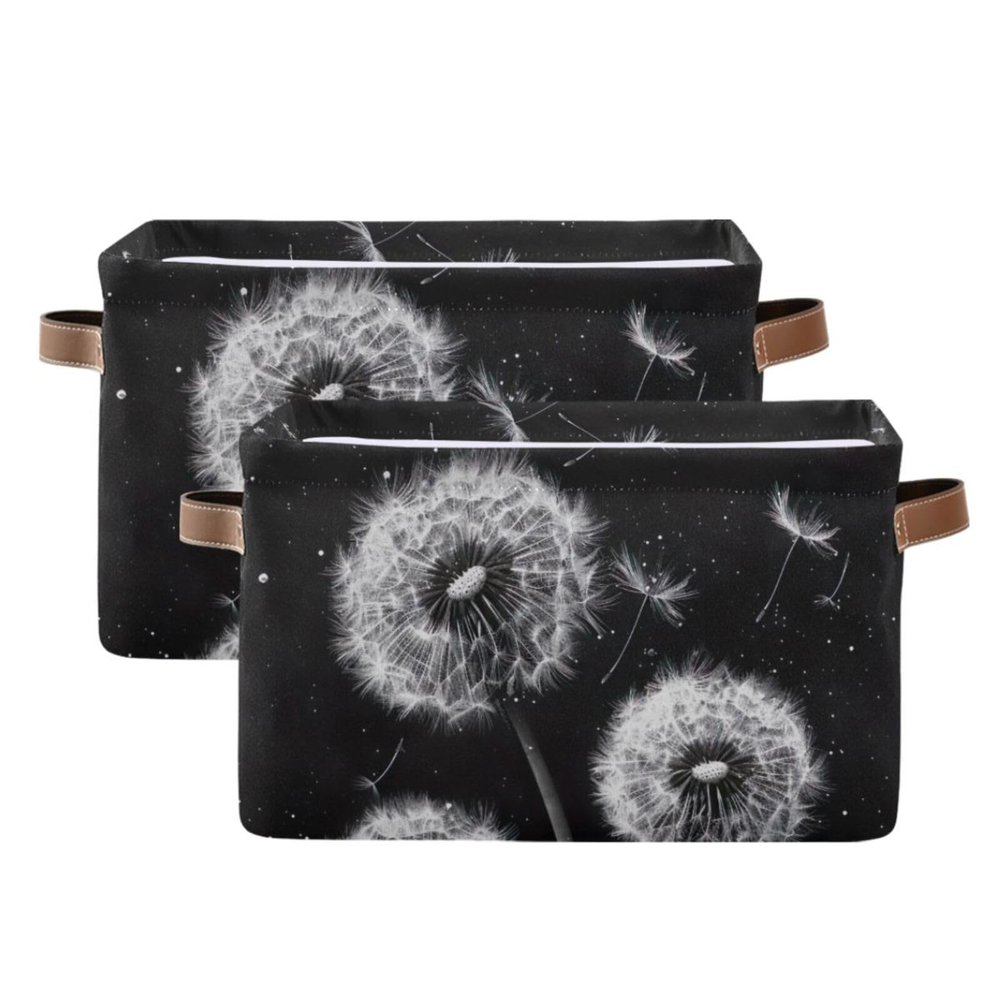 AMmao Rectangular Storage Basket White Dandelion Black Pattern Foldable Fabric Storage Bin with Handles Toys Book Clothes Bin for Closet Shelf Nursery Office Laundry Bedroom Decor 2 Pack