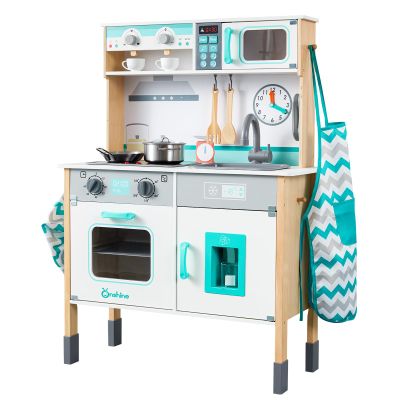 Wooden Play Kitchen Set for Toddlers, Chef Pretend Kitchen Playset for Kids with Pretend Ice Cube Dispenser, Oven, Coffee Machine, Stove, Faucet, Sink,Toy Kitchen Gift for Boys & Girls Age 3+