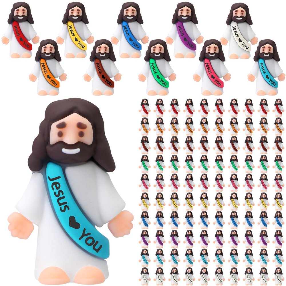 Bememo 100 Pcs Little Jesus Figures Jesus Loves You Original Design Pocket Rubber Little Figures to Hide and Seek Sunday Religious Party Share Easter Gifts(Vibrant Color)