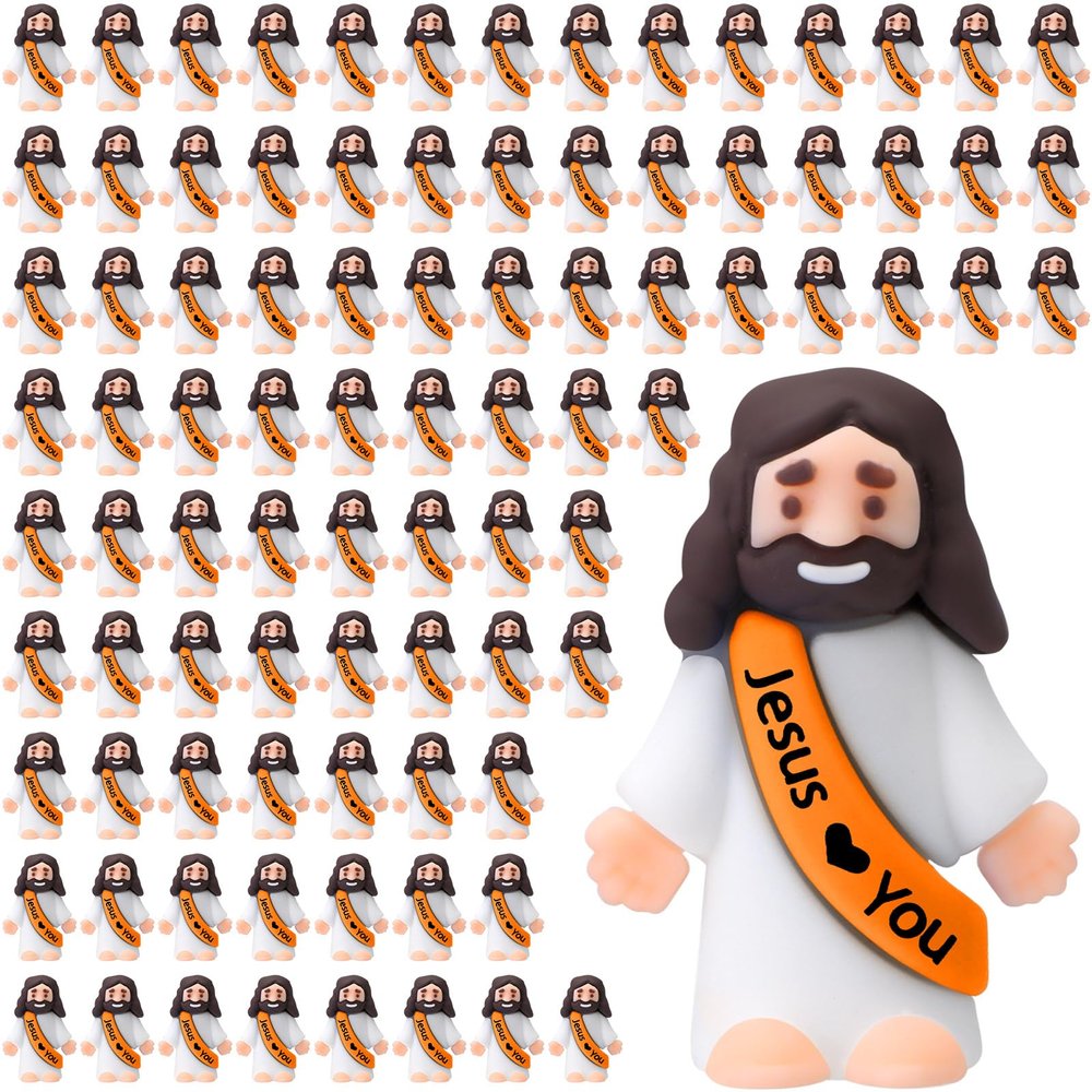 Bememo 100 Pcs Little Jesus Figures Jesus Loves You Original Design Pocket Rubber Little Figures to Hide and Seek Sunday Religious Party Share Easter Gifts(Orange)