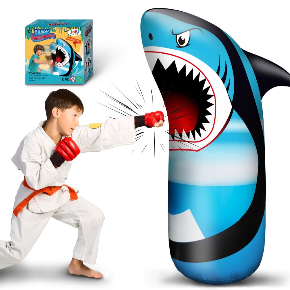 63-Inch Shark Inflatable Punching Bag for Kids, Bop Bag with Bounce-Back Action, Sand/Water-Filled, Boys Girls Inflatable Boxing Toy for Stress Relief, Indoor Outdoor Birthday for Kids