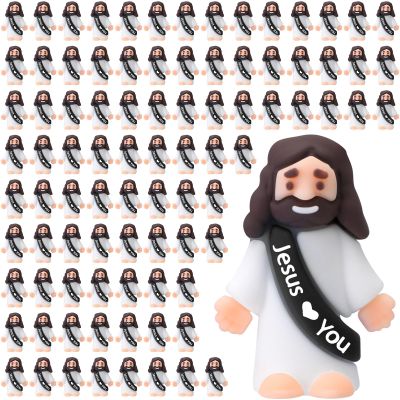Bememo 100 Pcs Little Jesus Figures Jesus Loves You Original Design Pocket Rubber Little Figures to Hide and Seek Sunday Religious Party Share Easter Gifts(Black)