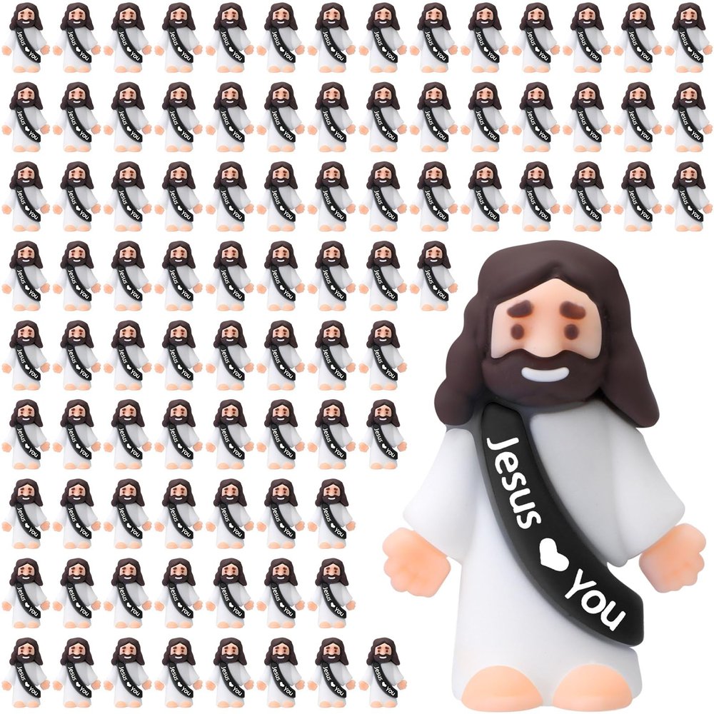 Bememo 100 Pcs Little Jesus Figures Jesus Loves You Original Design Pocket Rubber Little Figures to Hide and Seek Sunday Religious Party Share Easter Gifts(Black)