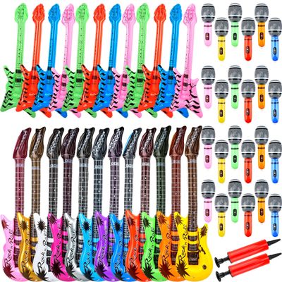 50 Pack Inflatable Rock Star Toy Set Includes 12 Pcs Inflatable Guitar 12 Pcs Inflatable bass 24 Pcs Blow up Microphone and 2 Pcs Air Pump for Children Musical Party Favors