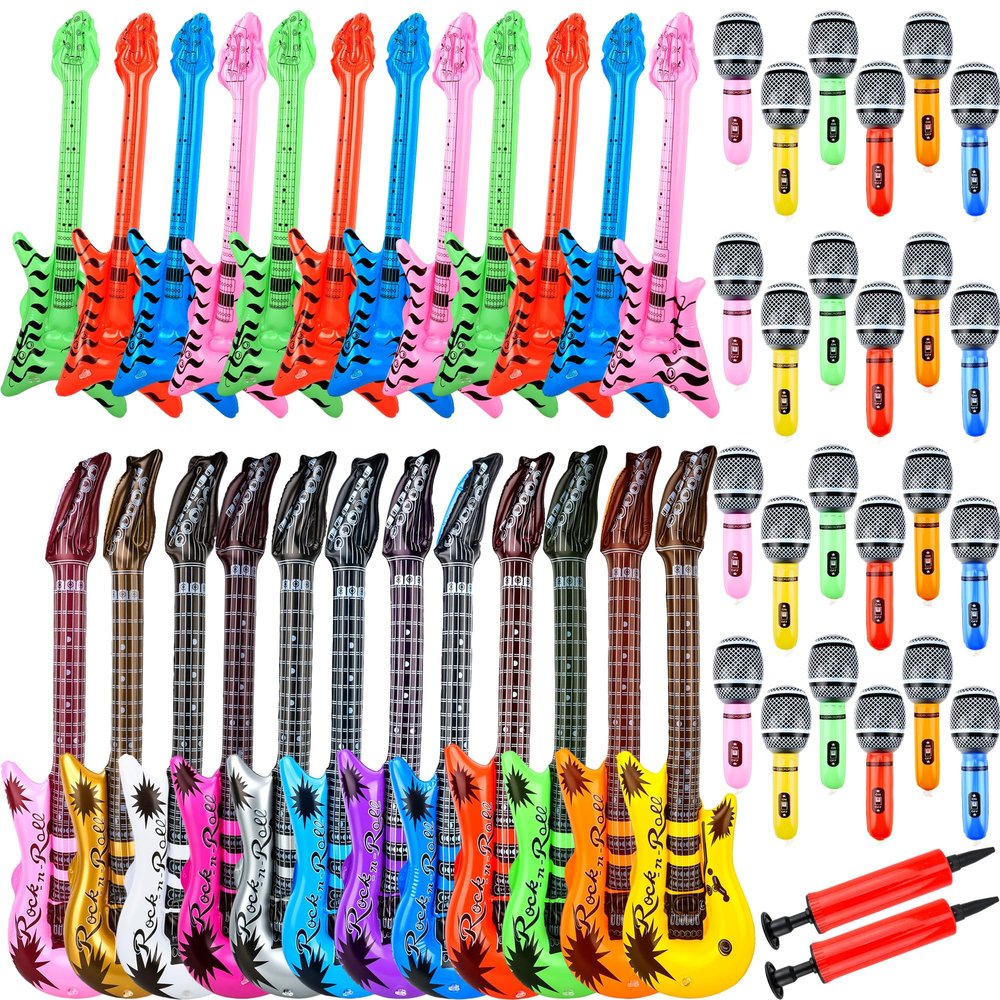 50 Pack Inflatable Rock Star Toy Set Includes 12 Pcs Inflatable Guitar 12 Pcs Inflatable bass 24 Pcs Blow up Microphone and 2 Pcs Air Pump for Children Musical Party Favors