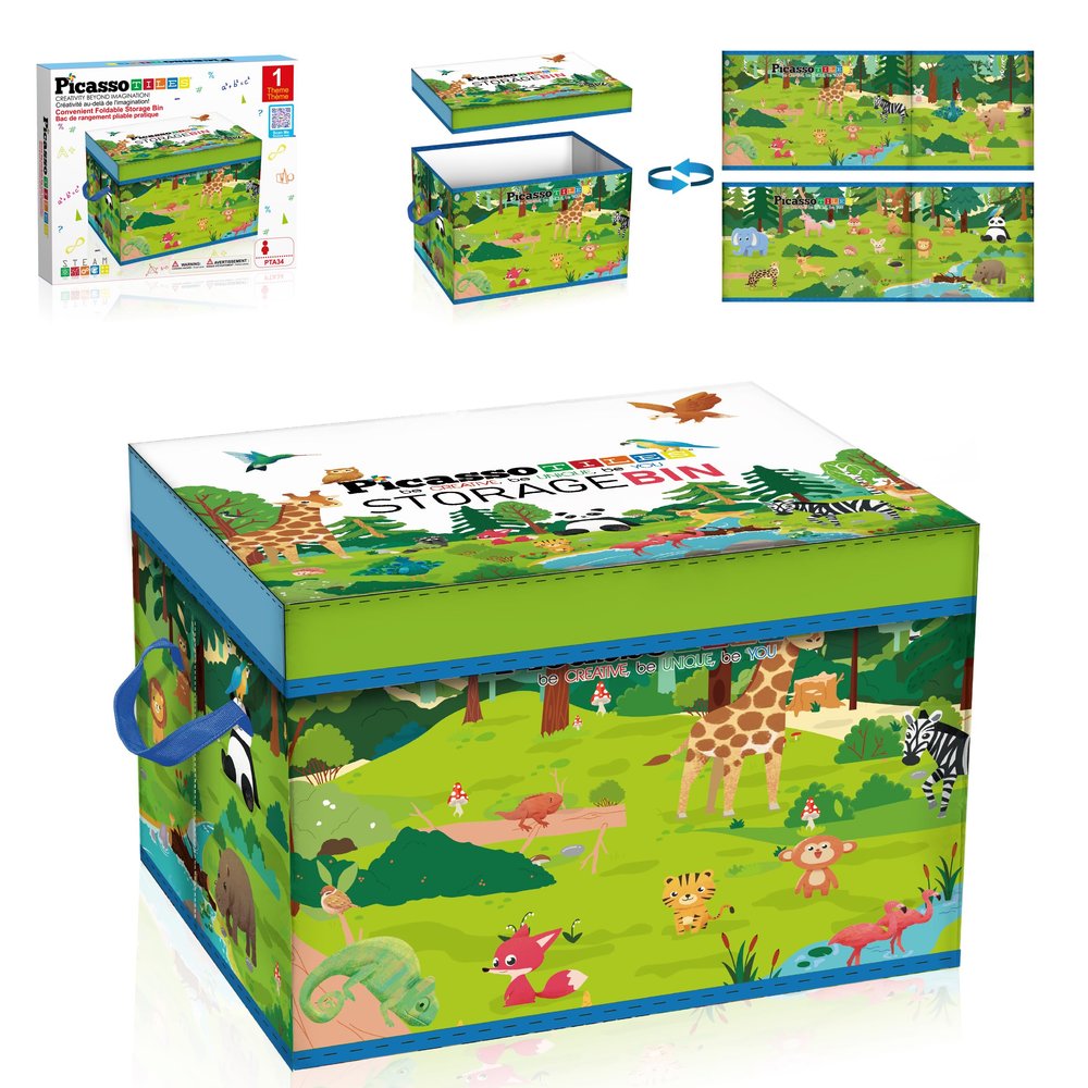 PicassoTiles Foldable Toy Storage Chest Box Forest Animal Theme Magnet Tile Organization Bin with Lid and Handles Magnetic Tiles Playroom Organizer STEM Early Educational Toys Boys Girls Ages 3+ PTA34