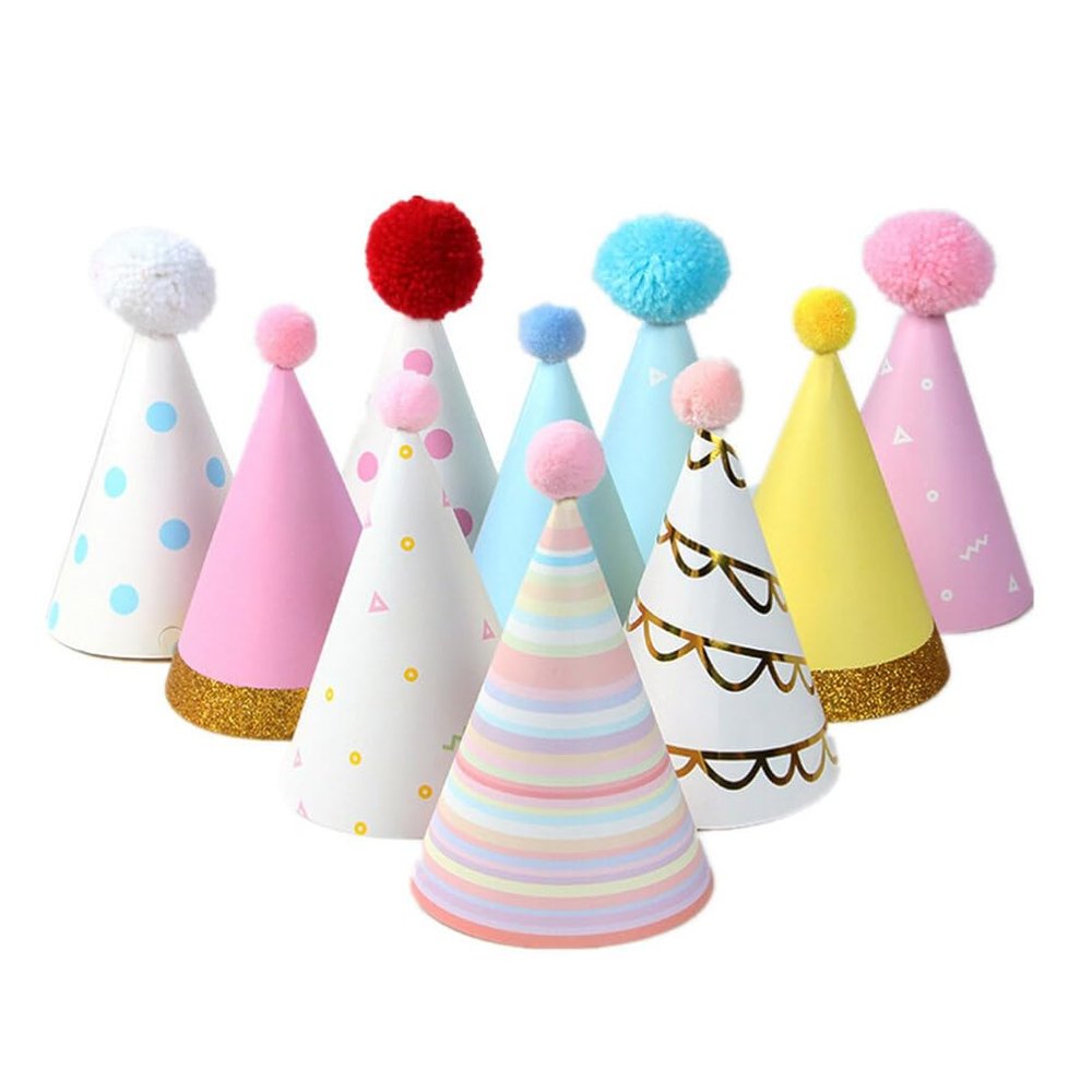 Alipis Kids Birthday Decorations 10pcs Stamping Pointed Hats Fuzzy Balls Birthday Party Decorative Hats for Children Unique and Eye-catching