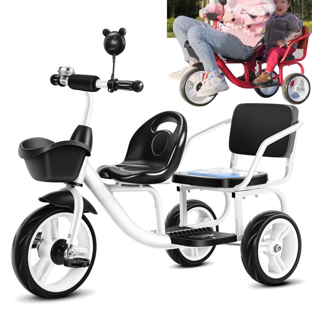 JIYIAN White,Style 1, Twin Tricycle for Kids with Passenger Seat,Carbon Steel Frame,Non-Skid Tyre,Outdoor Playground Equipment Tricycles