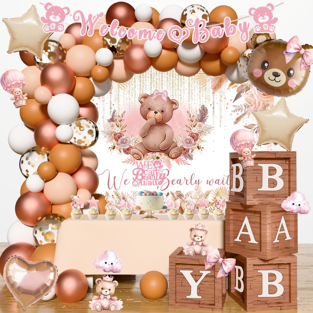 Bear Baby Shower Decorations for Girl Pink We Can Bearly Wait Baby Girl Baby Shower Supplies Bear Balloon Garland Banner Cake Cupcake Topper Baby Boxes for Bear Themed Baby Girl Baby Shower Dcor Kit