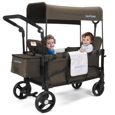 MOMFANN Stroller Wagon for 2 Kids, Baby Wagon Stroller with Adjustable Handle for Infants and Toddlers Includes Canopy & Organizer, Foldable and Convenient for Storage, Brown