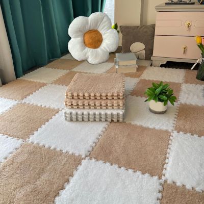10 Pcs Plush Puzzle Foam Floor Mat,Soft Square Interlocking Carpet Tiles,Play Mat,Area Rugs for Home Playroom,12x12 Inch(Size:0.39 Inch,Color:White+Apricot)
