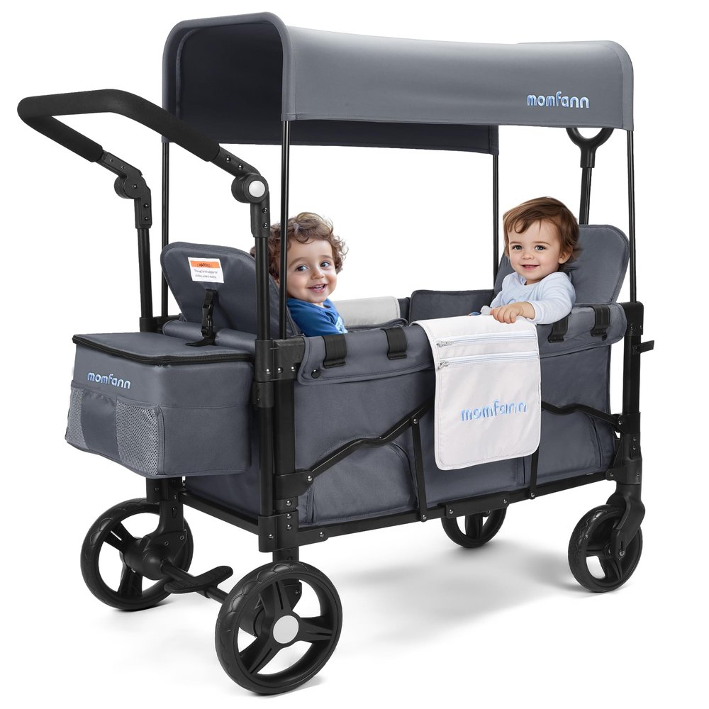 MOMFANN Stroller Wagon for Kids, Wagon Stroller Toddlers 2 Seaters, All-Terrain Baby Wagon Outdoor with Canopy, Parent Organizer, Adjustable Handle & Pull Bar for Infants and Toddlers, Gray