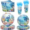 100 Pcs Ocean Under The Sea Party Dinnerware Ocean Paper Plates Napkins Forks Cups Dinnerware for Underwater World Sea Life Theme Baby Shower 1st 2nd 3rd 4th Birthday Party Decorations Supplies view 1