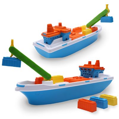 Toyland 41cm (16") Colourful Cargo Ship with Moveable Doors, Crane & 6 Plastic Containers - Kids Floating Water Toy - Pool & Bathtime Toys - 3 Years+