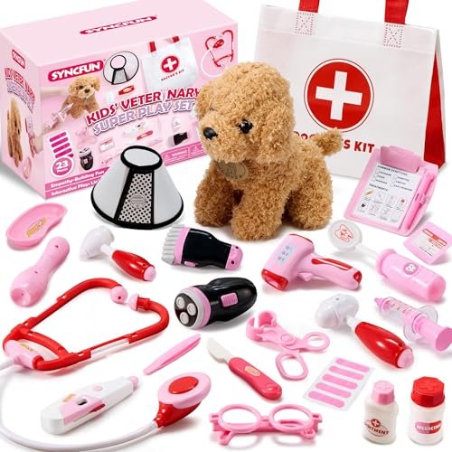 SYNCFUN Doctor Kit for Girls, 22 PCS Veterinarian Playset for Kids, Vet Kit with Dog Toy, Stethoscope, Storage Bag and Accessories,Role Play for Toddlers 3 4 5 6, Easter Basket Stuffers Birthday Gifts