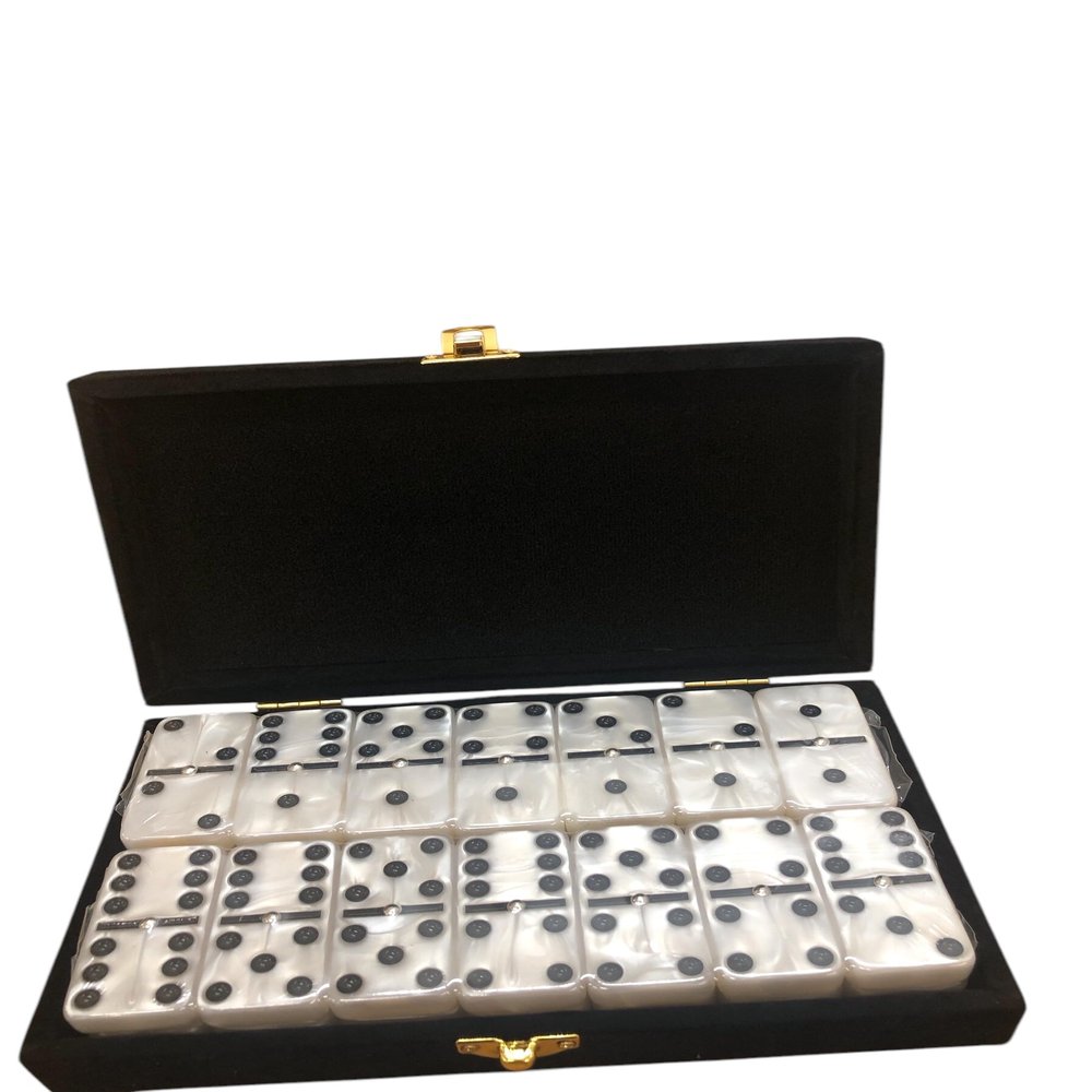 Marion Domino Double 6 White Marbleized Jumbo Tournament Professional Size w/Spinners in Elegant Black Velvet Case.