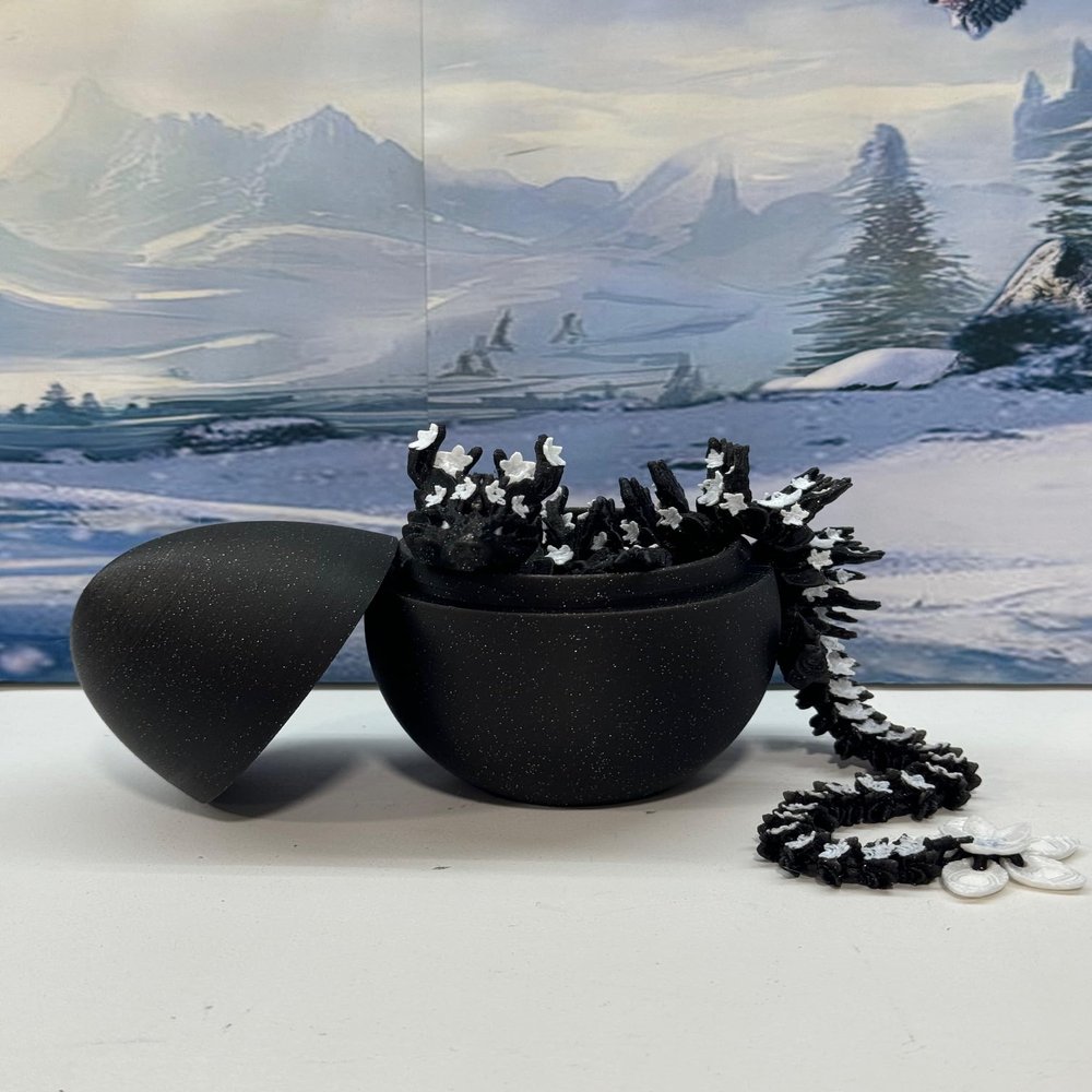 3D Printed Dragon with Dragon Egg, Articulated Dragon, 12" Black and White Cherry Blossom Dragon, Fidget Sensory Toy, Flexible ADHD, Autism, Relief Anxiety D019-BLK-CLS