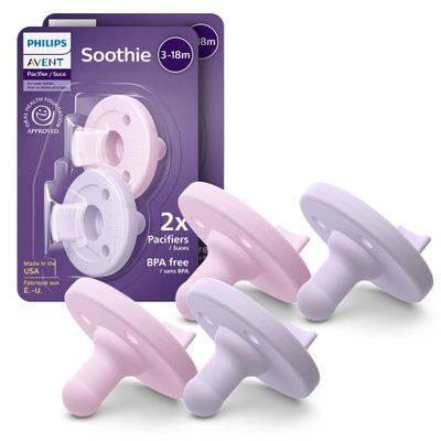 Philips Avent Soothie Baby Pacifiers - 100% Silicone Pacifiers for Babies 3-18 Months, One-Piece Design, BPA-Free, Extra Durable, Lilac and Pink, 4 Pack, Model SCF192/70
