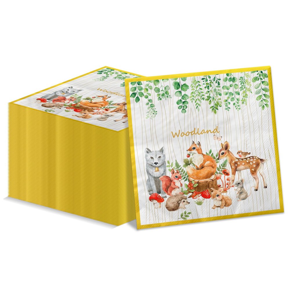 100Pcs Woodland Party Napkins - 13 x 13inch Animal Baby Shower Napkins, Forest Friends Fox Deer Dinner Lunch Paper Napkin for Woodland Baby Shower Decorations Forest Party Decorations