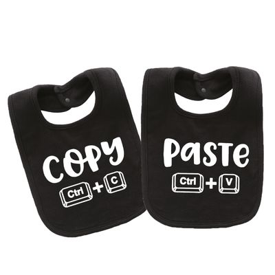 AOUYOA 2-Pack Baby Twins Bibs Copy Paste Soft Cotton Matching Feeding Bib Twin Newborn Infant Boys Girls(black)