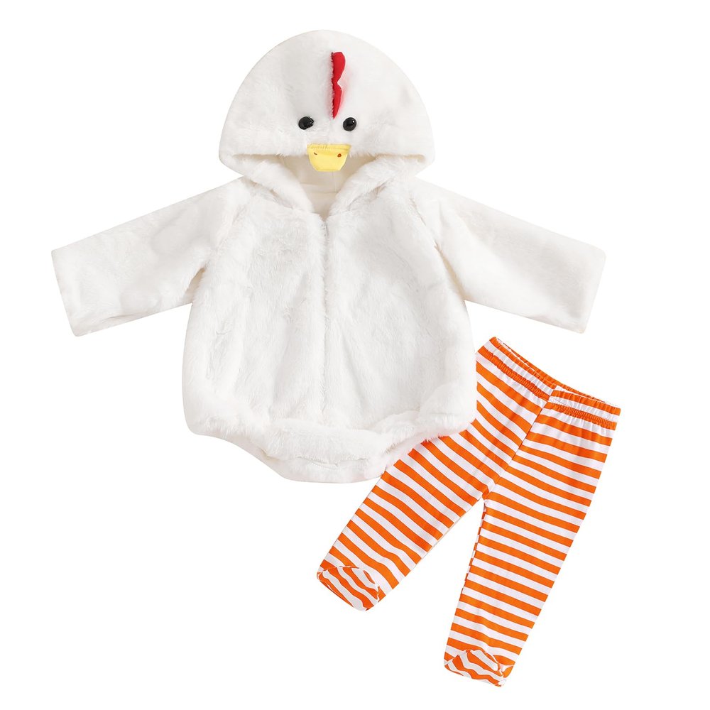 Twopumpkin Baby Chick Halloween Costumes Cute Infant Toddler Girl Boy Duck Costume Cape Sleeve Fuzzy Romper+Striped Leggings (Hooded Chicken 2pcs White, 12-18 Months)