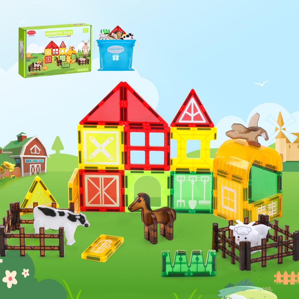 VANLINNY Magnetic Tiles Farm,Animal Magnet Toys for Toddlers-Kids Magnetic Building Blocks STEM Toys for Ages 3-8,Constrution Sets Educational-Coolest Xmas Birthday Gifts for Boys and Girls.