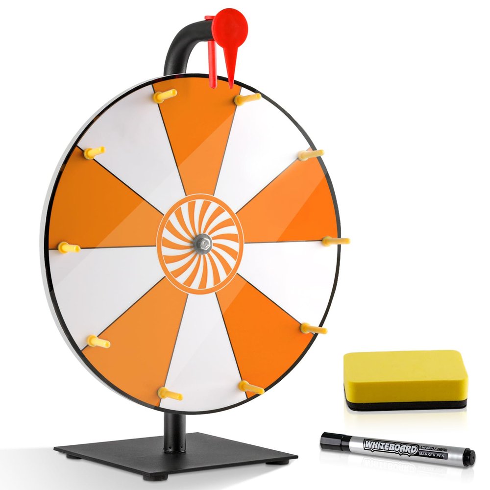 12" Spinning Prize Wheel, 10 Slots Prize Spinning Wheel Tabletop Roulette Spinner with Dry Eraser Marker & Eraser - Heavy Duty Spinning Wheel for Prizes Fortune Spinning Game Trade Show (Orange)