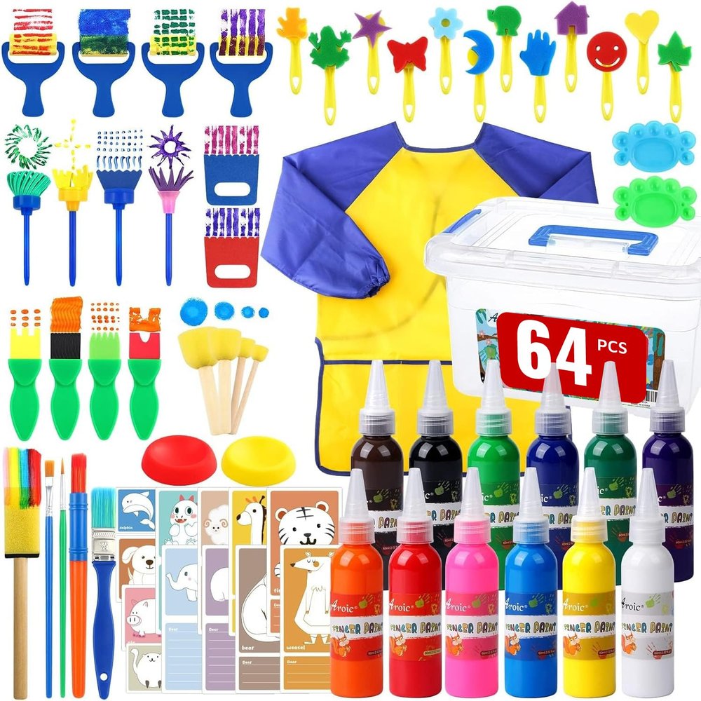 64 Pack Washable Paint Set, 12 Colors Non Toxic Finger Paints with Sponges, Paint Brushes, Waterproof Paint Smock, Palettes, Cards, Storage Box for Art, Crafts, Children Age 12+ and Adults(2 oz Each)