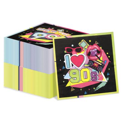 100Pcs 90s Napkins 90's Party Decorations Napkins Colorful 90s Hip Hop Napkins for Back to the 90s Theme Birthday Party Supplies, 13 x 13inch