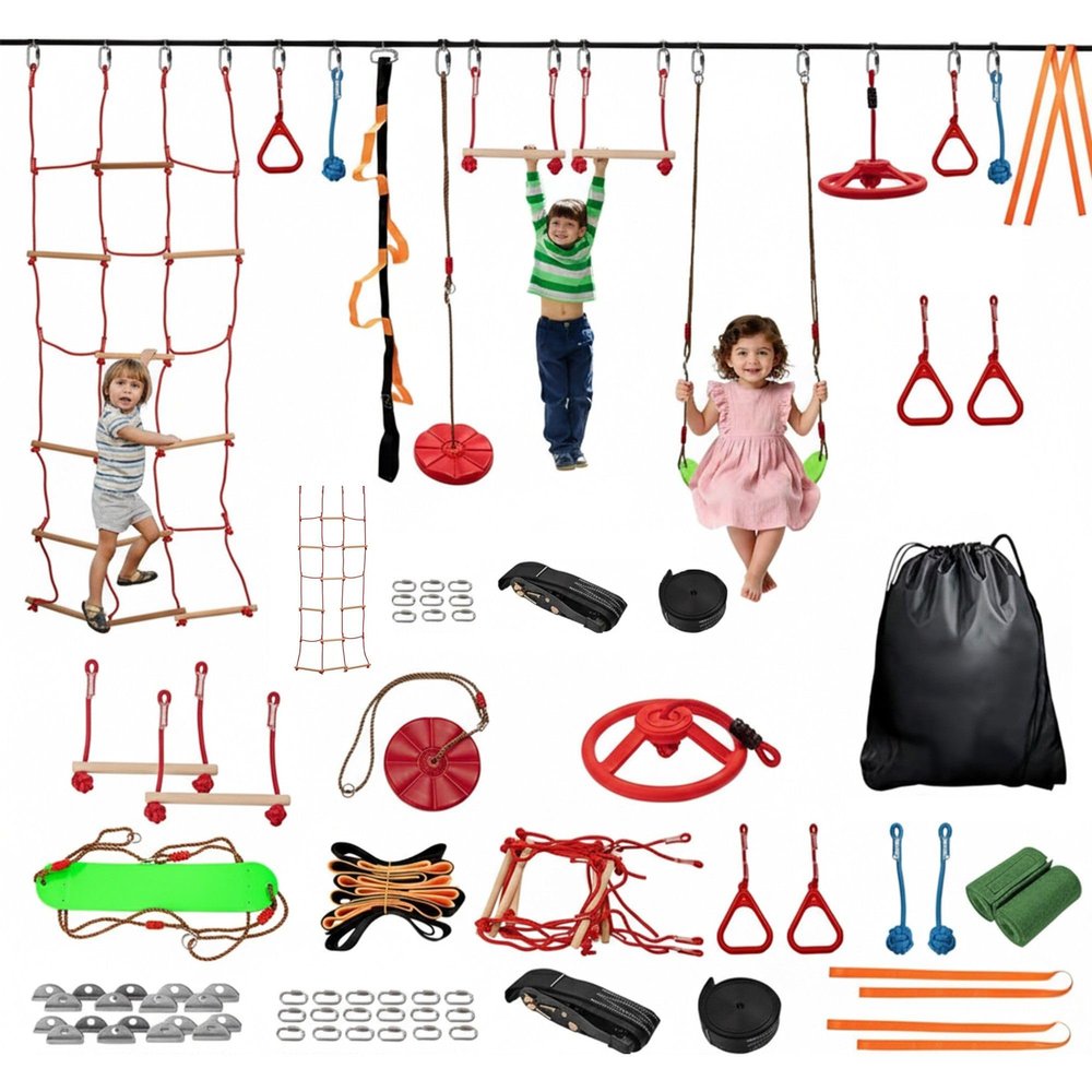 Slsy 60FT Ninja Warrior Obstacle Course for Kids, Complete 13-Obstacle Slackline Kit with Monkey Bar, Swing, Balance Belt, Climbing Ladder & Net, Durable Outdoor Playset Equipment