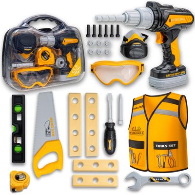Kids Tool Set with Carrying Case, Electronic Toy Drill with Bits & Construction Vest Pretend Play Kit with Safety Googles, Gas Shield, Tape Measure, Saw, Bubble Level, Screwdriver, Nuts & Bolts