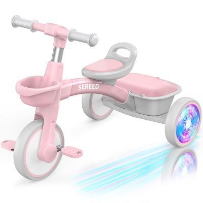 SEREED Colorful Lighting Toddler Tricycle for 2-5 Years Old Girls, Adjustable Seat&Handlebar Trike, Removable Basket, Birthday Gift Idea for Kids Ages 2+ (Pink)